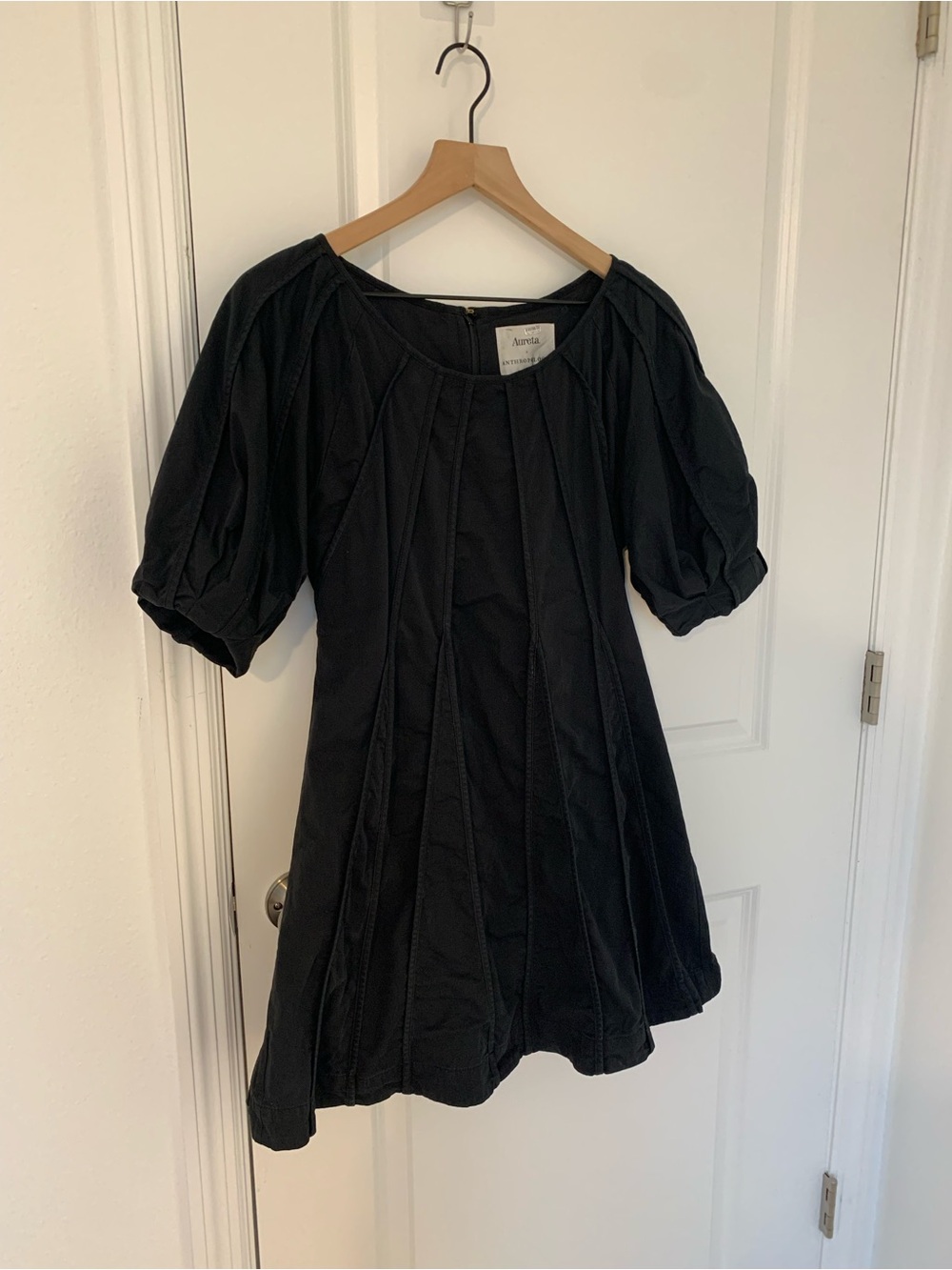 Anthropologie x Aureta Black Puff Sleeve Seamed A-Line Dress - Picture 6 of 12